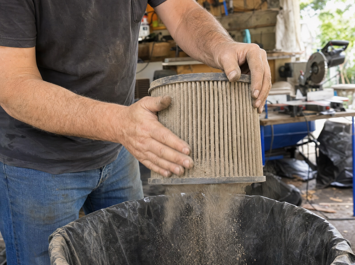 Sawdust falling from a clogged shop-vac filter into a tub